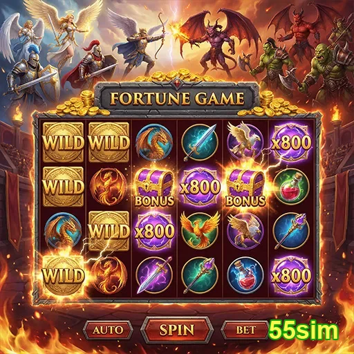 Jogo de caça-níqueis 55sim, com temática de fortuna e diversas opções de apostas.